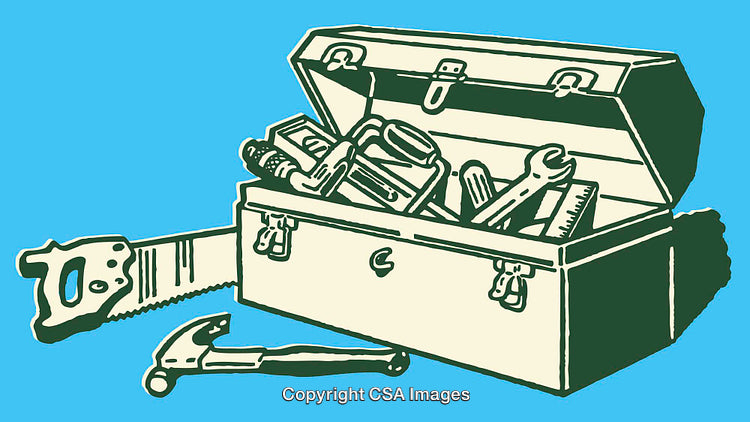 Open Toolbox Filled with Various Work Tools on Blue Background