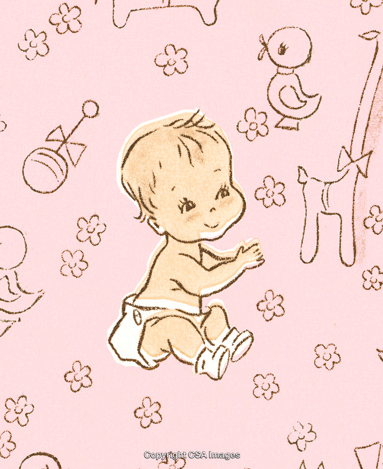 Adorable Vintage Baby Illustration With Pink Background and Playful Elements
