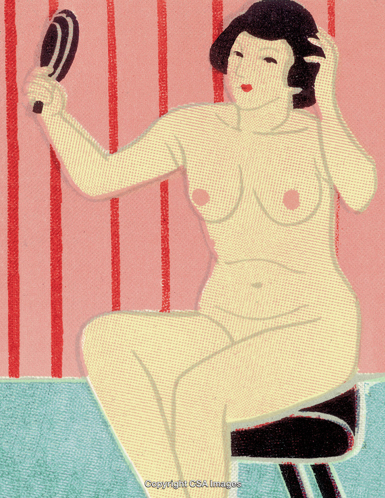 Vintage Illustration of a Woman Grooming Herself with Hand Mirror