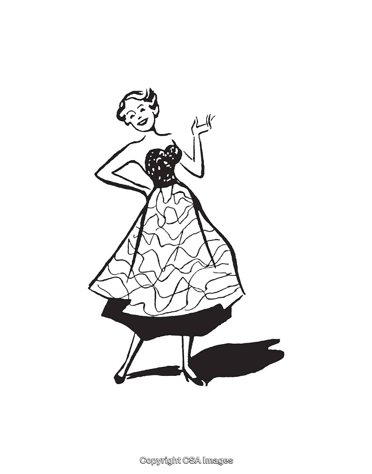 Vintage Line Art Illustration of a Woman in a Stylish Dress
