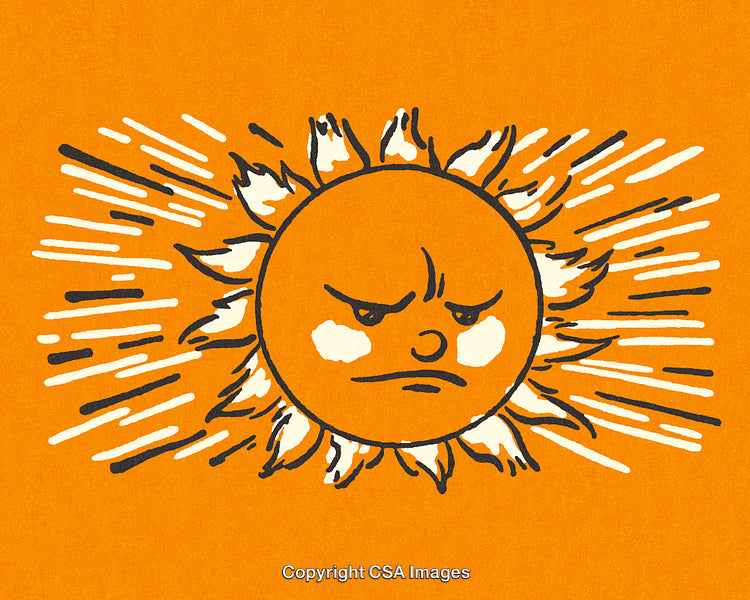 Illustrated Sun Character with Stern Expression on Vibrant Orange Background