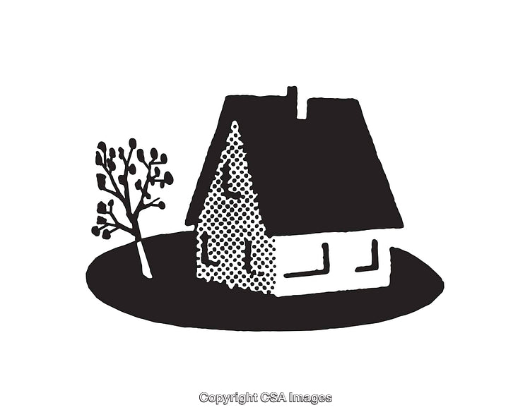 Black and White Illustration of a House and Tree in Minimalist Style