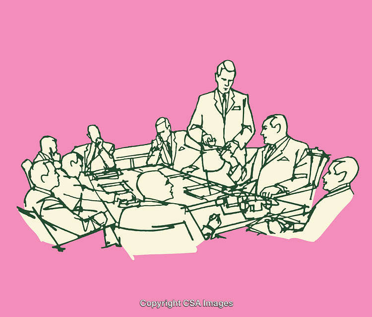Line Art Illustration of Business Meeting With Retro Style on Pink Background
