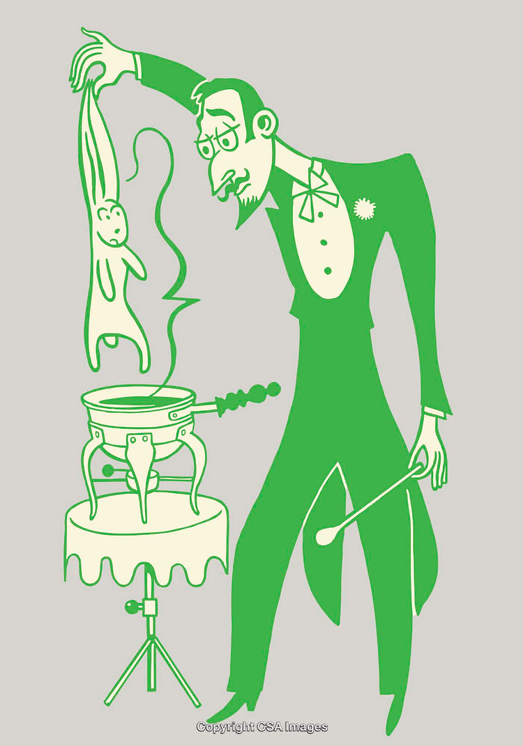 Cartoon Magician Performing with Rabbit and Magic Wand in Retro Style