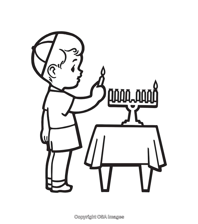 Boy Lighting Menorah Candle During Hanukkah Celebration in Line Art Illustration