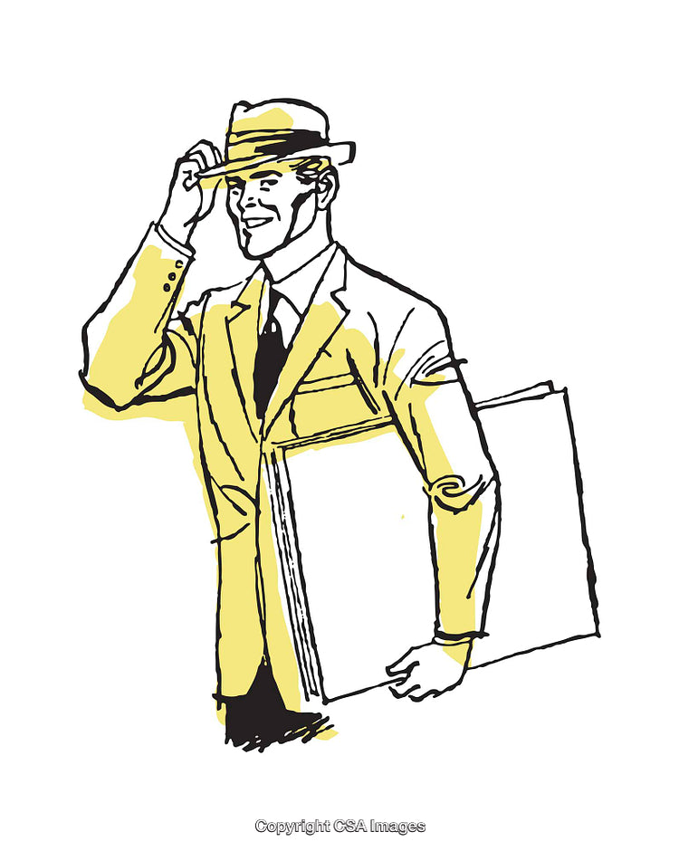Retro Illustration of a Cheerful Businessman Wearing a Hat and Suit