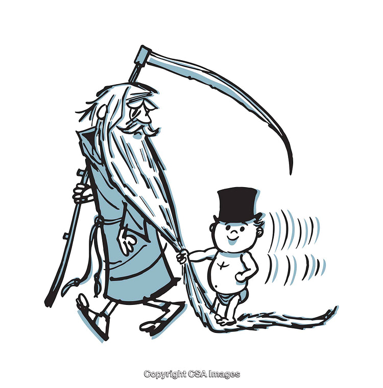Playful Illustration of Old Year and New Year Characters Interacting