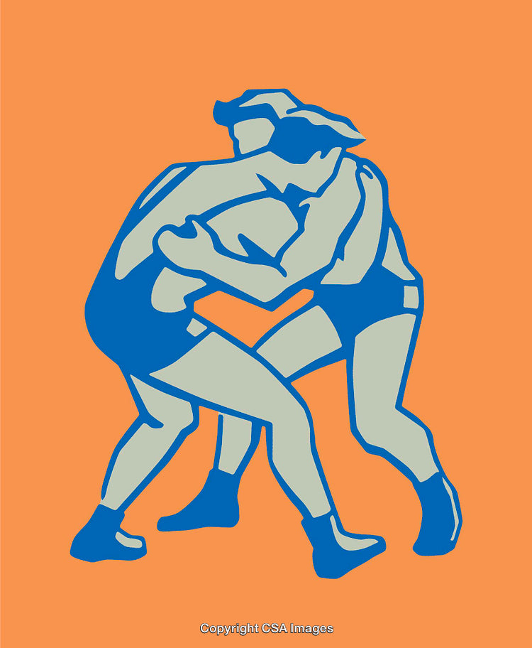 Two Athletes Wrestling in a Colorful Sports Illustration