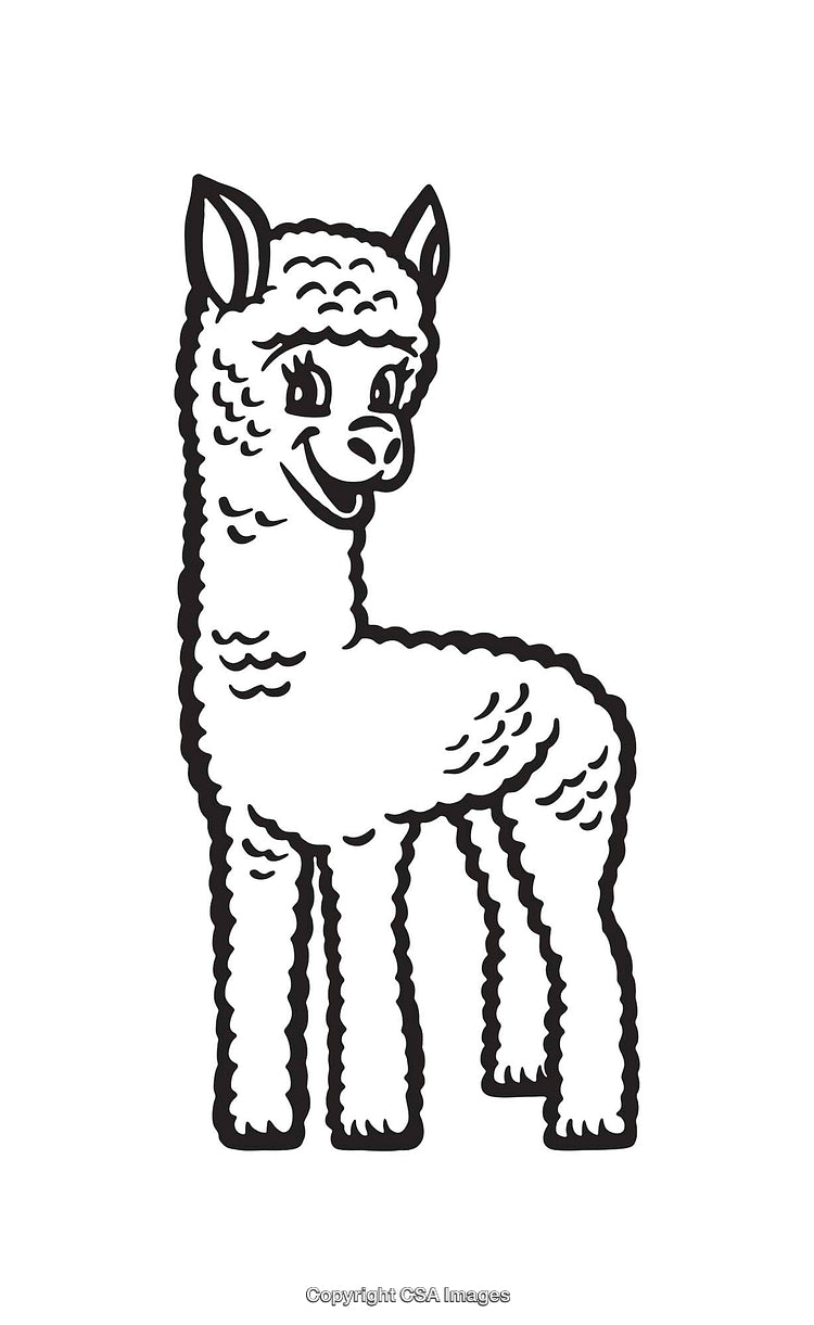 Black and White Line Art Illustration of a Cheerful Cartoon Alpaca
