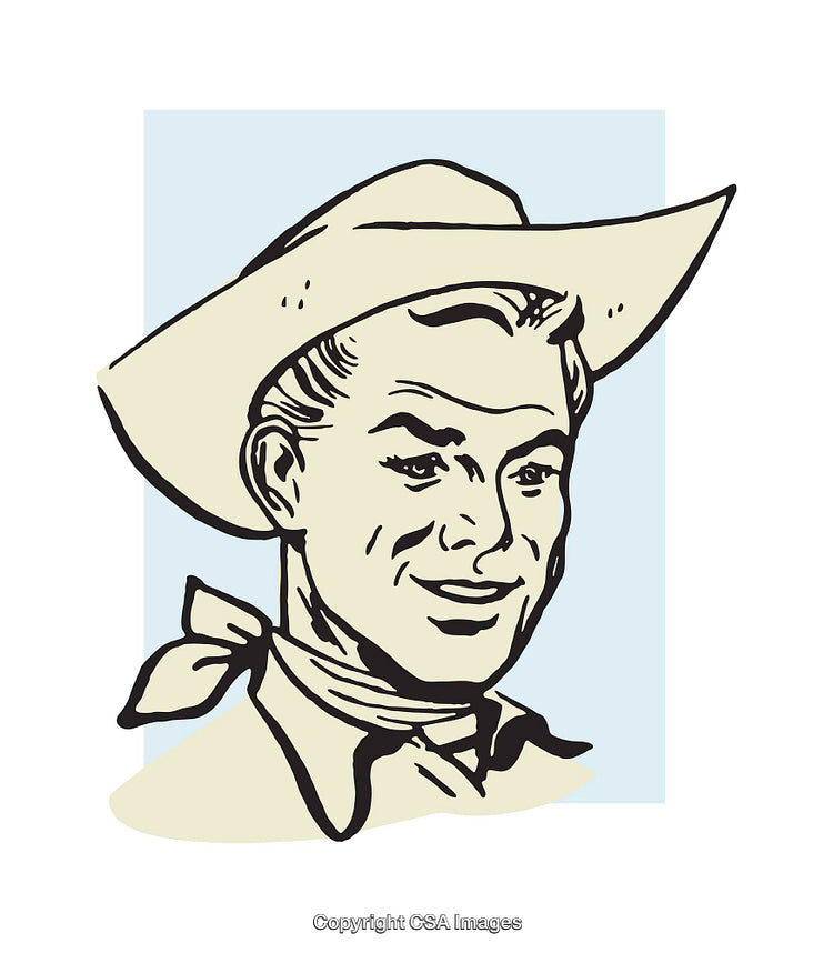 Illustrated Portrait of Smiling Cowboy Wearing Hat and Neckerchief