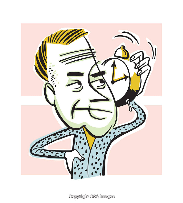 Illustration of a Man Holding an Alarm Clock With Expressive Details