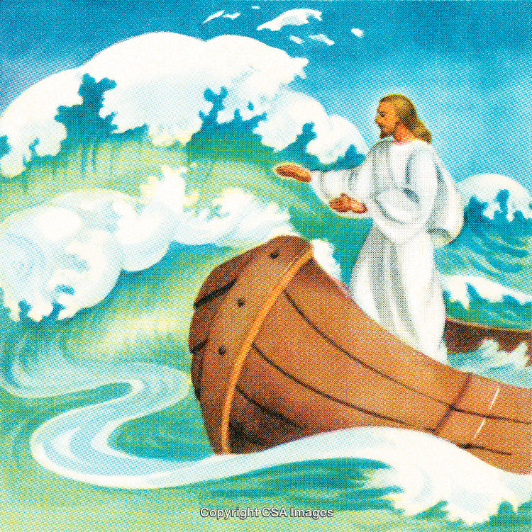 Illustration of a Figure Calming Stormy Seas from a Wooden Boat