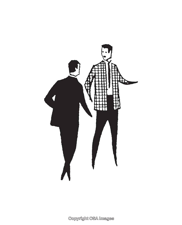 Two Men Engaged in Conversation Illustration in Black and White