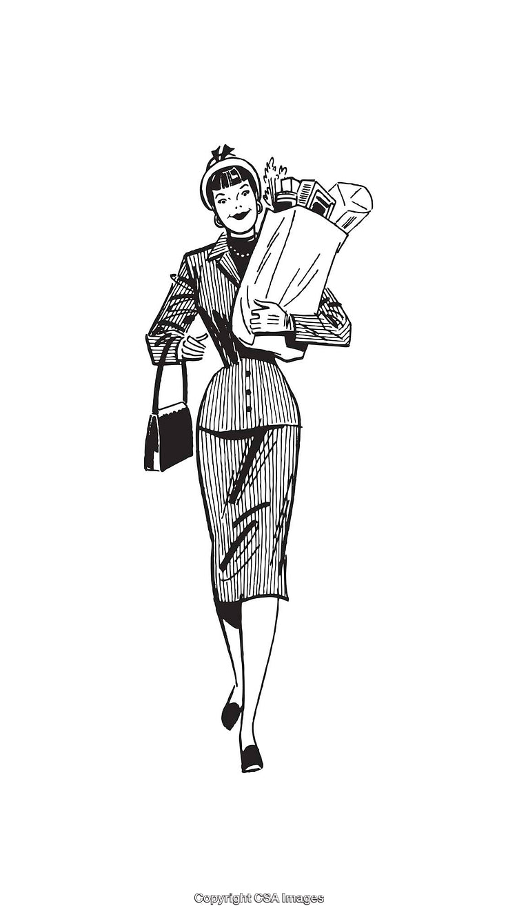 Retro Style Line Art of Woman Carrying Groceries