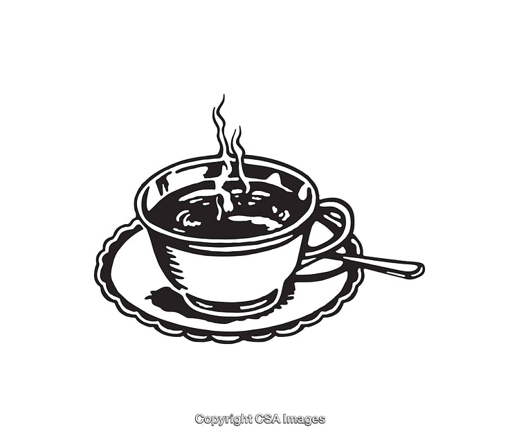 Black And White Line Art of Steaming Coffee in a Cup with Saucer