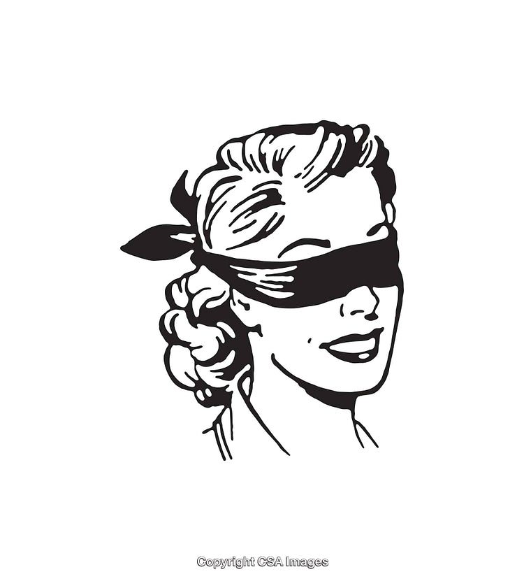 Vintage Style Black and White Blindfolded Woman Line Art Illustration