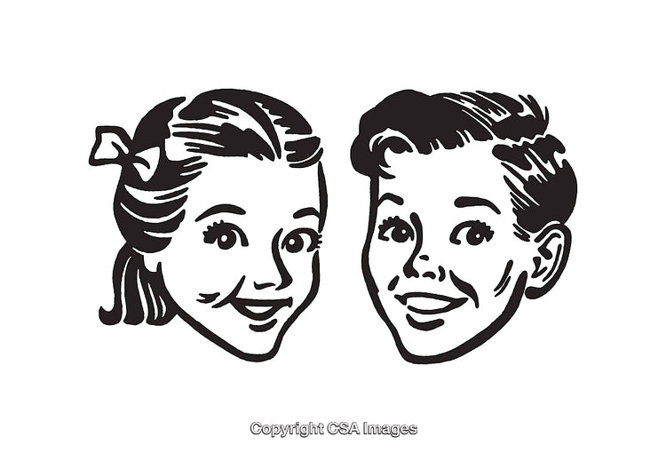 Classic Cartoon Style Black And White Illustration of Children Smiling