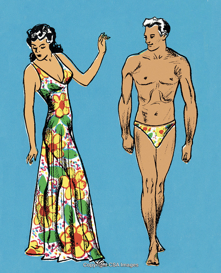 Colorful Retro Illustration of Beachwear Fashion for Men and Women