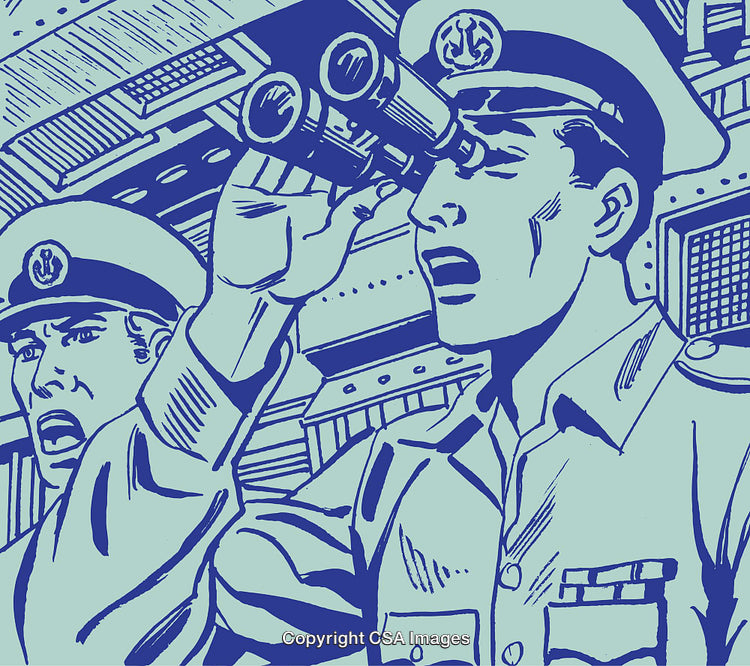 Illustration of Navy Officers Observing Through Binoculars on a Ship