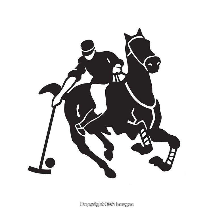 Black and White Illustration of a Player in Action During a Polo Match