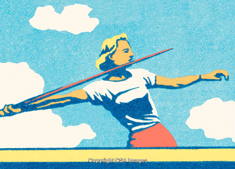 Illustration of a Female Athlete Throwing a Javelin Under a Bright Sky