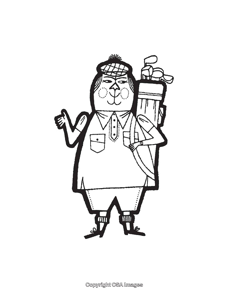 Black And White Line Art Illustration of a Friendly Golfer Character
