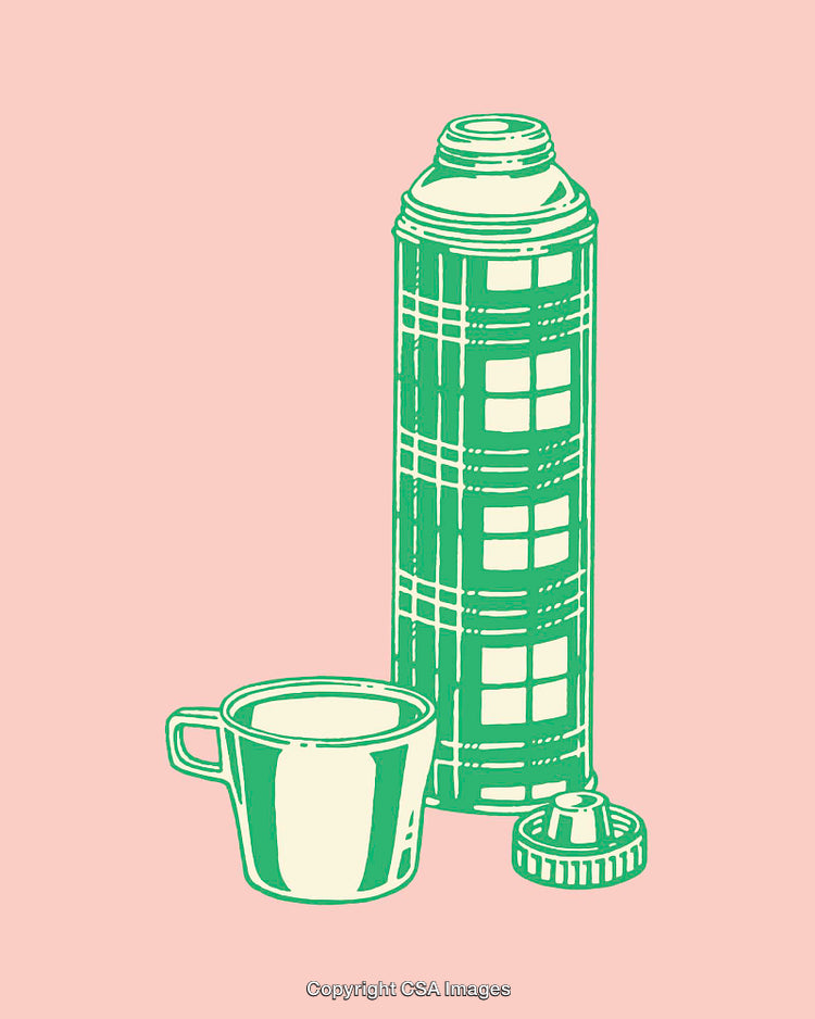 Retro-Style Illustration of Thermos Flask with Cup on Pink Background