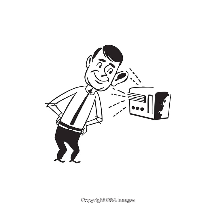 Retro Styled Black and White Illustration of Man Listening to a Radio