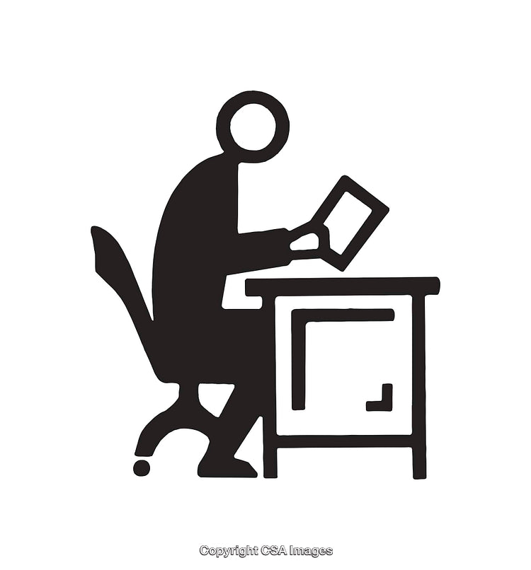 Minimalist Icon of a Person Working at a Desk Holding a Document