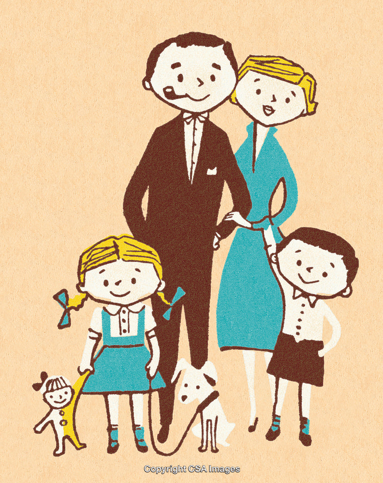 Retro Family Illustration Featuring Parents, Children, Dog, and Toy