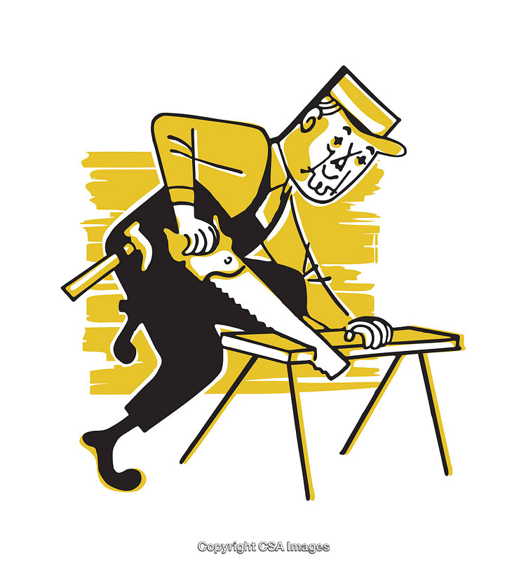 Illustration of a Worker Using a Saw in a Carpentry Setting