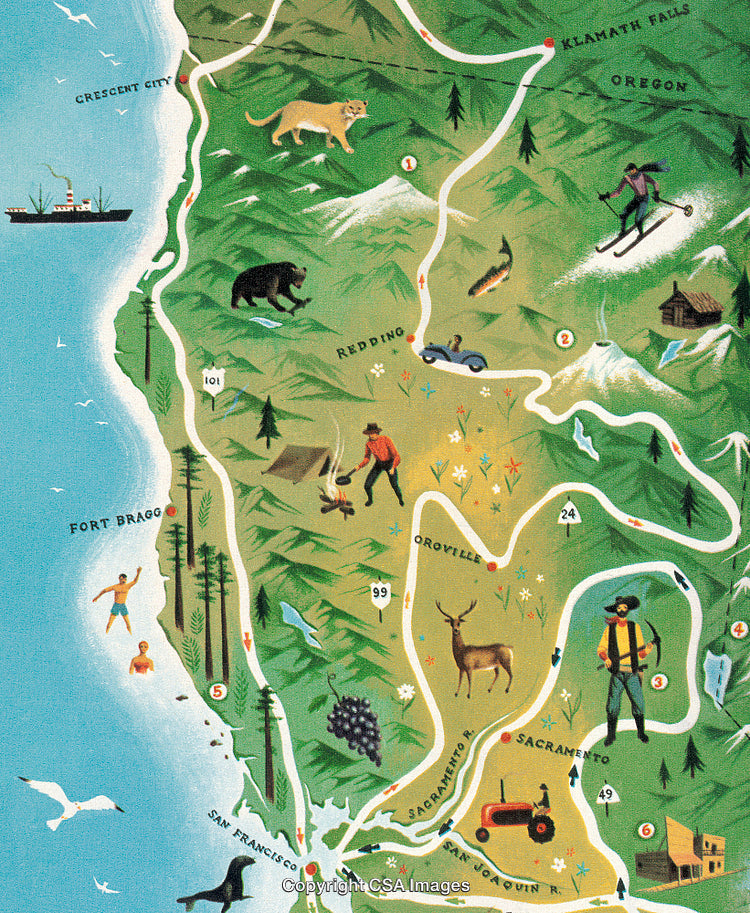 Illustrated Map Depicting Northern California's Landmarks and Activities
