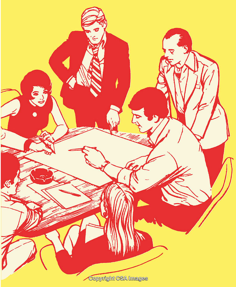 Team Collaboration in Retro Line Art Style Illustration