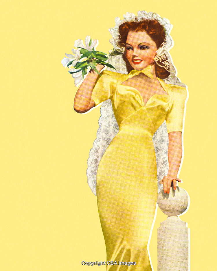 Elegant Woman in Yellow Gown Holding Flowers with Vintage Aesthetic