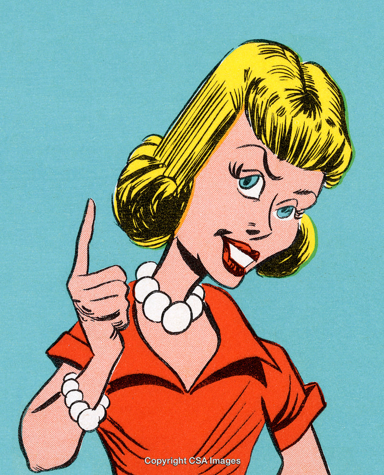 Vintage Comic Illustration of a Woman Pointing in Bold Colors