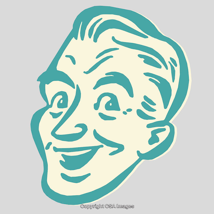 Vintage Styled Smiling Cartoon Face Illustration in Blue and Cream Palette