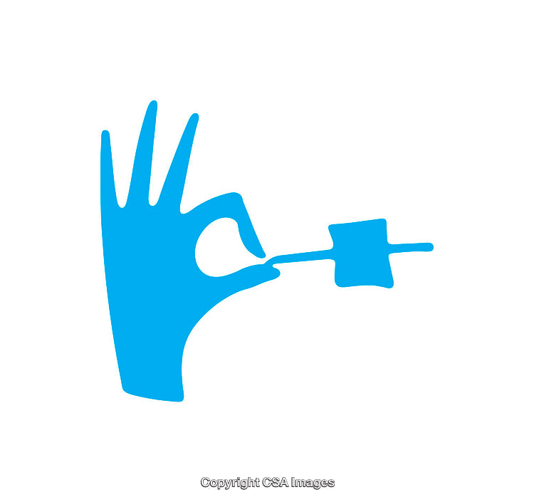 Simple Blue Icon of a Hand Holding a Cube on a Stick