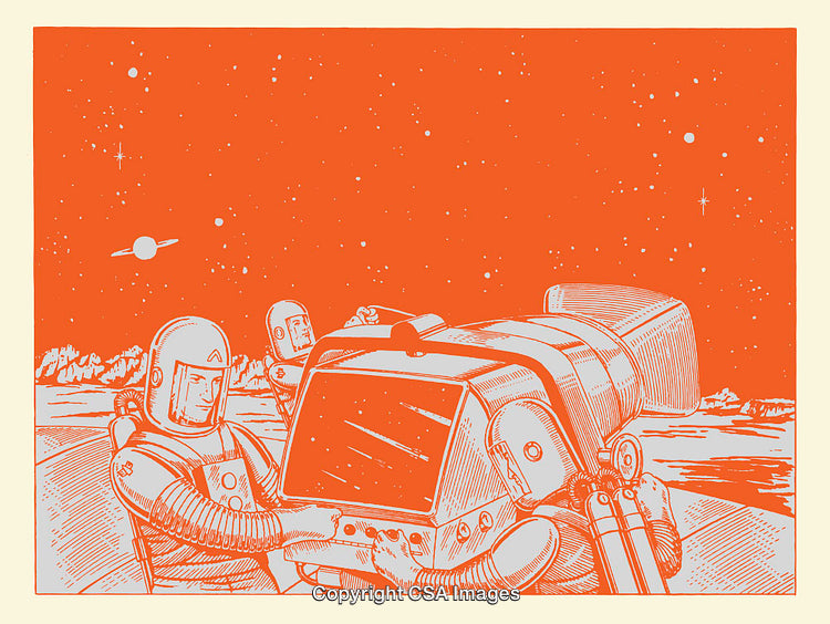 Team of Astronauts Displaying Exploration Equipment on Alien Landscape