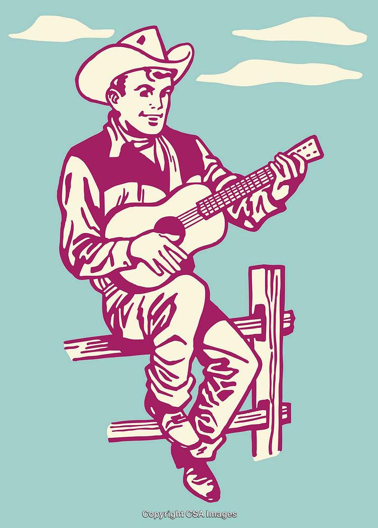 Cowboy Playing Guitar on Fence Under Clear Sky