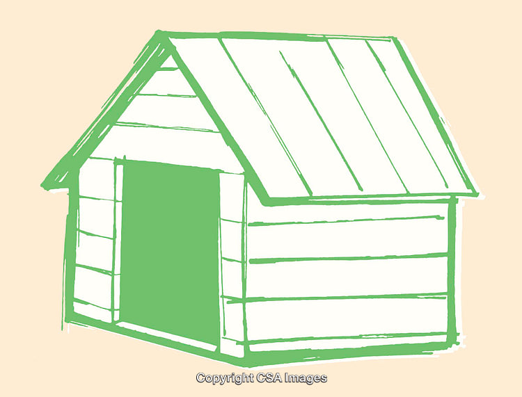 Green Line Art Illustration of a Simple Shack on Beige Background