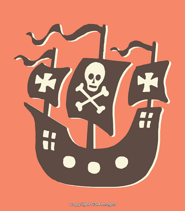 Whimsical Illustration of a Pirate Ship with Skull and Crossbones