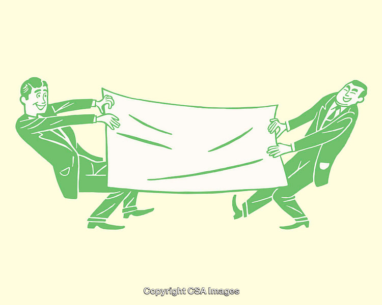 Retro Illustration of Two Men Holding a Tensioned Blanket