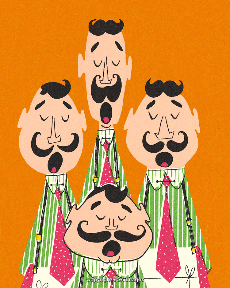 Vintage Style Caricature Illustration of a Singing Quartet on Orange Background
