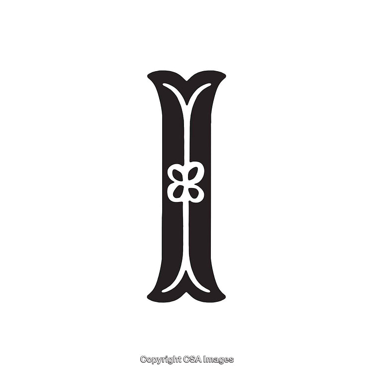 Stylish Black Letter I with Floral Ornamentation on White Background