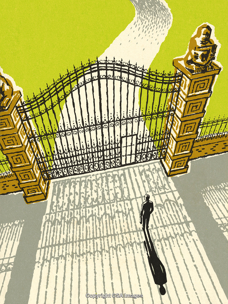 Person Standing Before Ornate Gate with Dramatic Shadows and Pathway