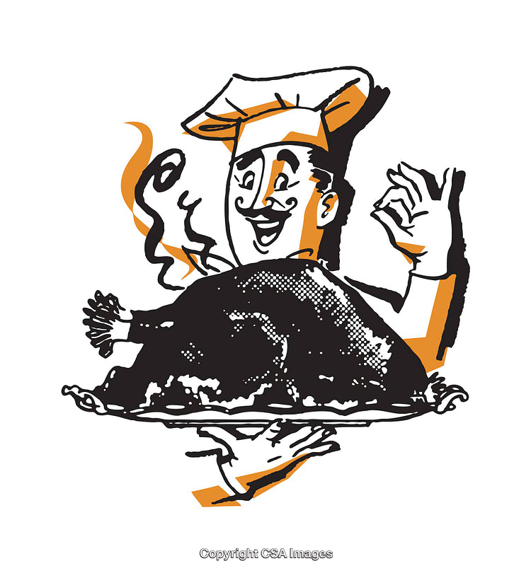 Chef Illustration Featuring Roasted Turkey and Joyful Celebration Gesture