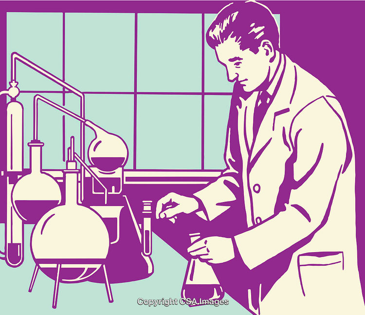 Scientist Conducting Laboratory Experiment with Glassware in Vintage Style Illustration