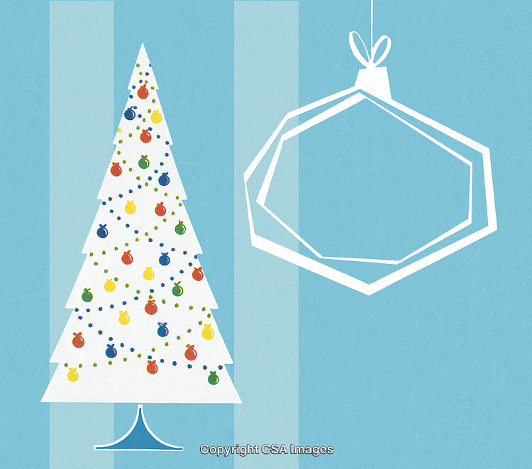 Decorative Christmas Tree and Ornament on Blue Striped Background