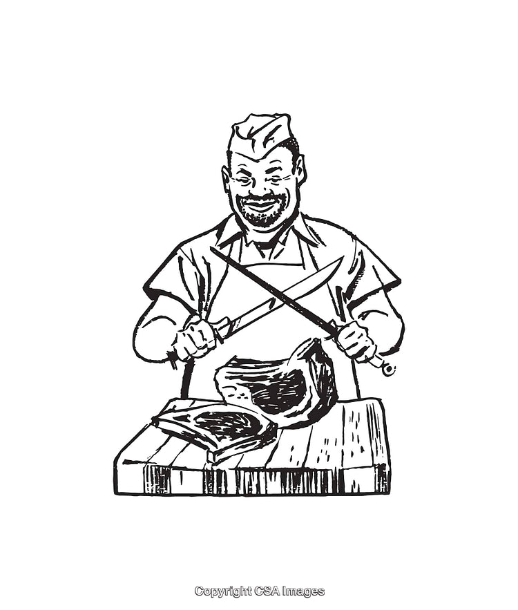 Vintage Illustration of a Smiling Butcher Preparing Meat with Knives