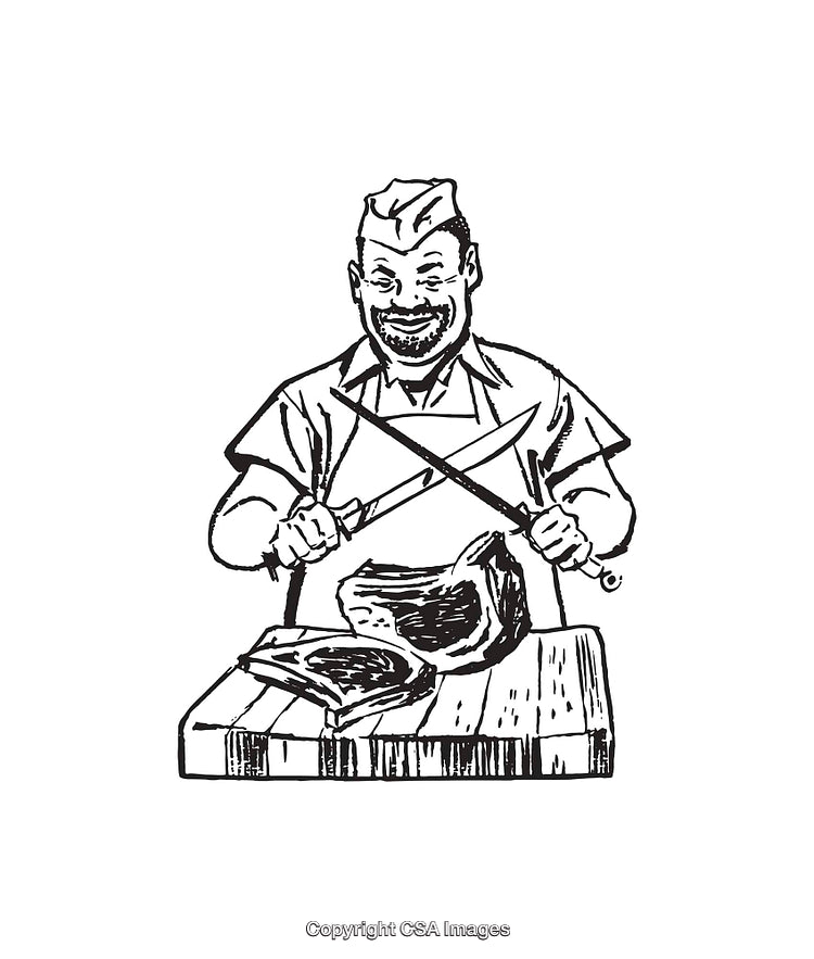 Vintage Illustration of a Smiling Butcher Preparing Meat with Knives